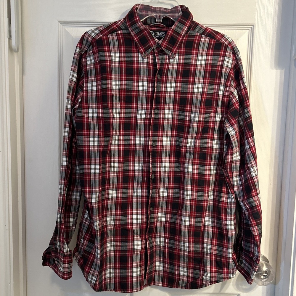 CHAPS Button Down Shirt Red Black Plaid L/S Sz L Cotton